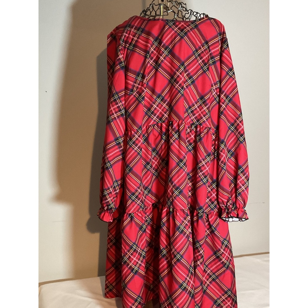 Emery Rose Red Plaid‎ Tiered Babydoll Dress Long Sleeve Ruffle Cuff 1XL NEW